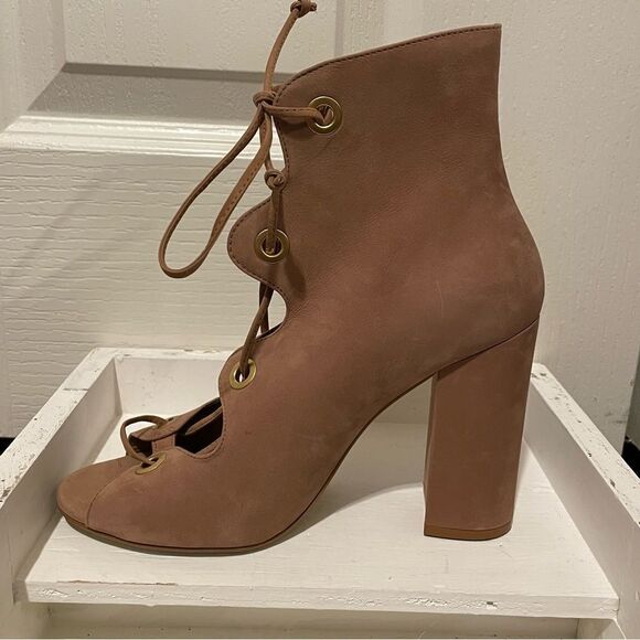 Steve Madden Carusso Tan Peep Toe Lace Up Heeled Bootie Size 8 - Picture 5 of 14